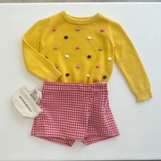 1-5女童黄色棉线彩色，毛球圆领针织衫毛衣