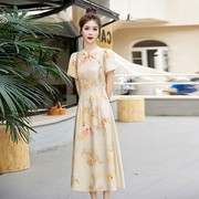 素木中式改良旗袍复古连衣裙夏季复古风收腰显瘦气质印花裙子