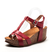 真皮凉鞋女夏季露趾红色，牛皮坡跟舒适高跟软木水台田园sf52115050