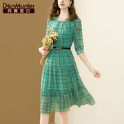 丹慕妮尔绿色知性，优雅雪纺连衣裙夏季女装，气质收腰中长裙