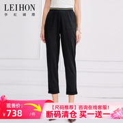 LEIHON/李红国际黑色七分裤橡筋装饰腰头贴布口袋修身版女裤