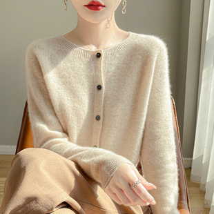 100%纯羊绒开衫女圆领，一线成衣提花长袖针织衫，毛衣宽松羊毛衫外套
