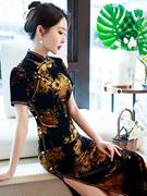老上海高端真丝绒长款旗袍，2022年夏季大码气质，年轻款连衣裙女