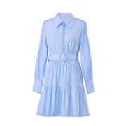 小众设计师款衬衫连衣裙长袖蓝色竖条纹a字腰带收腰显瘦气质通勤
