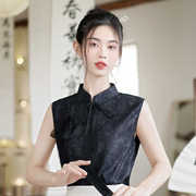 新中式改良汉服气质旗袍套装女2024夏季黑色无袖背心半身裙两件套