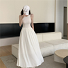 温柔白色背心长袖连衣裙女装，春季设计感小众，法式长裙收腰裙子6365