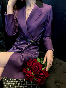 流光紫色西装领拼色时尚撞色修身双排扣通勤中长款西服连衣裙外套