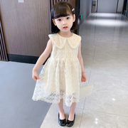 女童公主裙夏季薄款23韩版童装无袖网纱纯色，蕾丝裙儿童连衣裙