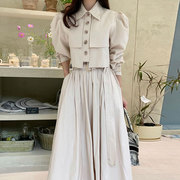 韩国chic秋季法式简约翻领，设计感泡泡袖衬衫，+高腰大摆半身裙套装