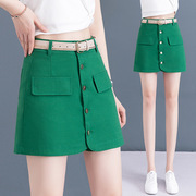 绿色半身裙裤女休闲2023夏季薄款高腰设计感小众，一体假两件短裤裙