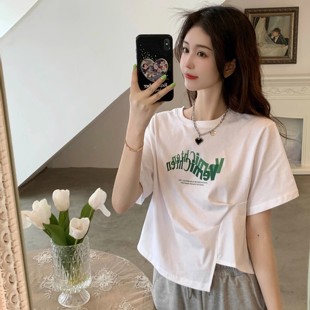 纯棉不规则短袖T恤女夏季韩版2023字母印花甜辣风体恤上衣ins