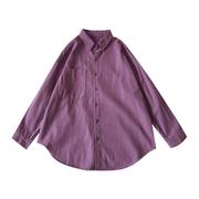 女衬衫紫色长袖2023年宽松韩版春装百搭通勤纯色磨毛棉质上衣加厚