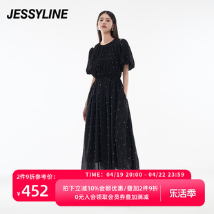jessyline杰茜莱2024夏季黑色波点收腰显瘦气质露肩连衣长裙