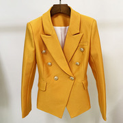 现化2024春季款欧美橙黄色夹克狮子金属双排扣珠地西装修身外套女