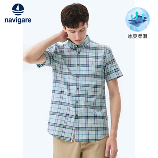 navigare意大利小帆船绿色格子，衬衫男短袖夏季休闲打底衬衣