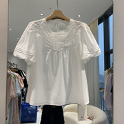 超仙洋气法式蕾丝拼接镂空短袖衬衫女设计感小众白色气质百搭小衫