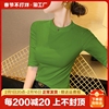 果绿色中袖t恤女短袖，设计感半袖紧身打底衫半高领纯棉修身上衣春