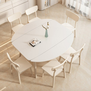 白色实木岩板可伸缩餐桌方圆两用奶油风折叠圆桌小户型2023年