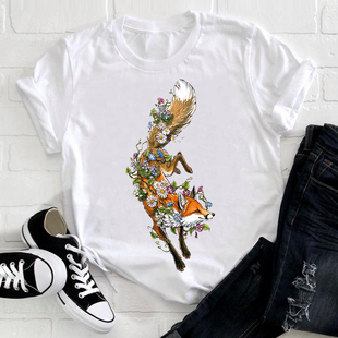 女式短袖狐狸动物4XL花卉加大码花卉潮流风格衣服女士图形印花T恤