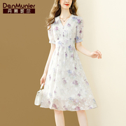丹慕妮尔法式优雅v领印花连衣裙，女夏季气质收腰雪纺裙子