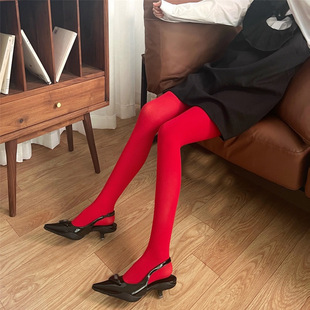 殷红色哑光丝袜糖果色，天鹅绒连裤袜子女春秋时尚，本命年红色打底裤
