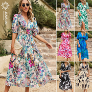 summer women printed long dresse 欧美连衣裙夏收腰V领印花长裙