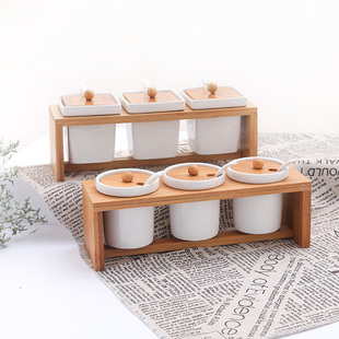 陶瓷竹制调料盒套装方形调味罐子厨房用品组合装创意餐厅清新家用