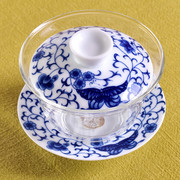 青花瓷陶瓷玻璃盖碗三才透明单个锤纹蝶恋花，茶具绿茶碗泡茶泡茶杯