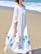 双层苎麻连衣裙女夏季新慵懒(新慵懒)风，棉麻袍子蓝染宽松仙女长裙白色裙子