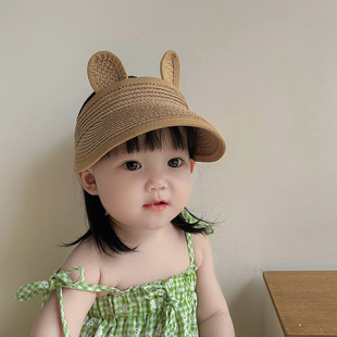 夏季宝宝草帽空顶遮阳凉帽可爱超萌小熊耳朵婴儿防晒帽男女儿童帽