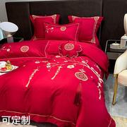 棉婚庆四件套新中式简约多件套刺绣工艺床单被套大红色结婚喜被