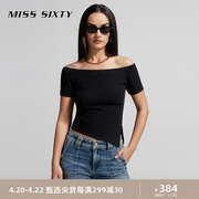 Miss Sixty2024夏季T恤女露肩一字领性感修身不对称下摆辣妹