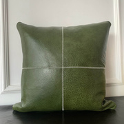 高端头层黄牛皮绿色纯色中厚荔枝纹真皮沙发抱枕靠垫含芯可定制