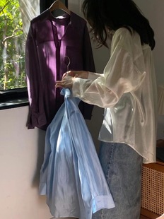 bluepops纯色天丝衬衫女2023夏季韩版透明翻领防晒衫百搭长袖上衣