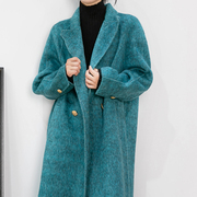赫本风蓝色茧型双面羊绒，羊毛呢子大衣女中长款高级感加厚毛呢外套