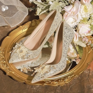 法式新娘婚鞋女2024禾秀婚纱两穿不累脚高跟鞋香槟金水晶婚鞋