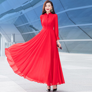 雪纺红色长袖连衣裙，女2024夏季高端白色，修身气质减龄大摆长裙
