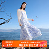 若潮大码女装2025夏季新款V领吊带连衣裙烫银印花雪纺荷叶边胖MM