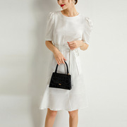裙子显瘦连衣裙遮肉时尚，2024圆领收腰系带白色，提花真丝仙女裙