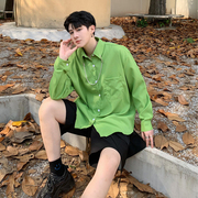 夏季绿色衬衫男长袖小众领口链条设计感韩版痞帅薄款衬衣发型师潮