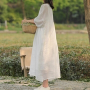2024春季棉麻连衣裙白色，超仙柔软苎麻圆领，七分袖高端气质中长裙子