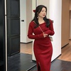 ML茉乐大码微胖2023秋季针织连衣裙修身褶皱酒红色露肩长裙