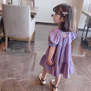 女童夏季连衣裙2023洋气一抹紫色泡泡袖连衣裙儿童时尚公主