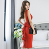夏装2024女韩版修身无袖连衣裙红色性感露背荷叶边开叉包臀裙