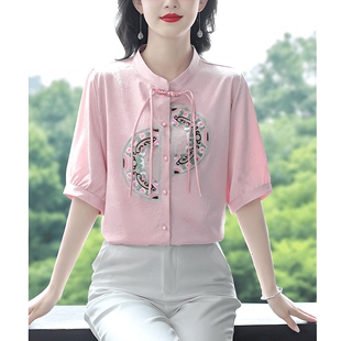 新中式国风刺绣衬衫，女2024春季宽松女装，遮肚子百搭雪纺小衫女