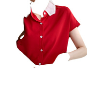 2022夏装宽松职业衬衣女红色，翻领雪纺衫，小众短袖衬衫女