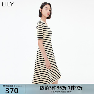 lily女装气质复古条纹，气质优雅时尚通勤长款修身针织连衣裙