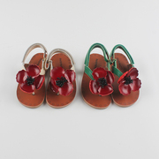 女童夏季立体花朵，夹趾真皮凉鞋2023年夏季复古小众儿童鞋子