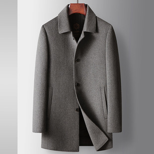 男式大衣秋冬中长款翻领，羊毛风衣中年商务，脱卸鹅绒内胆双面呢外套