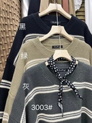 冬季保暖加厚中长款条纹圆领毛衣女学生韩版宽松套头针织衫外套